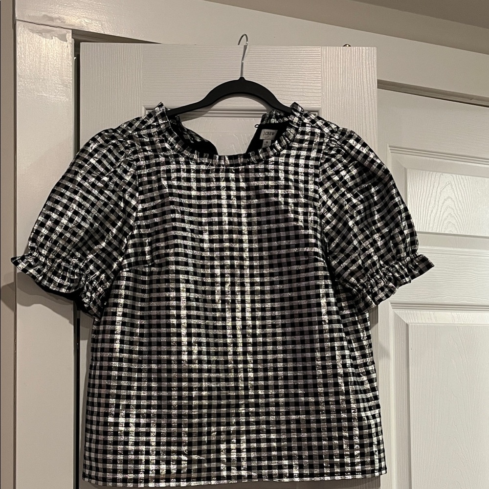 J. Crew Shiny Gingham Puff Sleeve Top